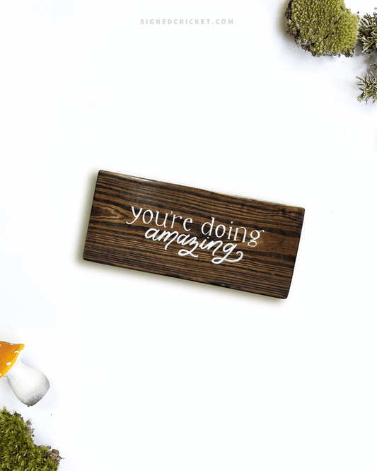 Dark brown wooden sign with 'you're doing amazing' text written on it, lying on a white background