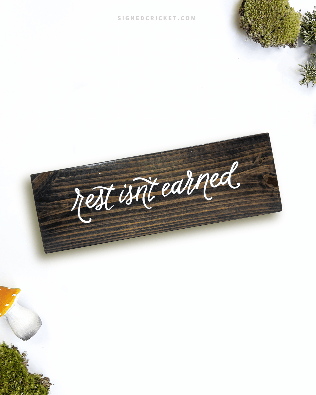 Dark brown wooden sign with 'rest isn't earned' text written on it, lying on a white background
