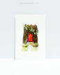 4x6 watercolor painting original featuring a miniature home in a tree stump with a bright red front door and trailing vines. At the end of the footpath, a blue umbrella leans up against the doorstep.