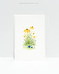 4x6 watercolor original featuring a blue tea pot and mug on the grass beneath a clump of bright yellow black-eyed Susan wildflowers