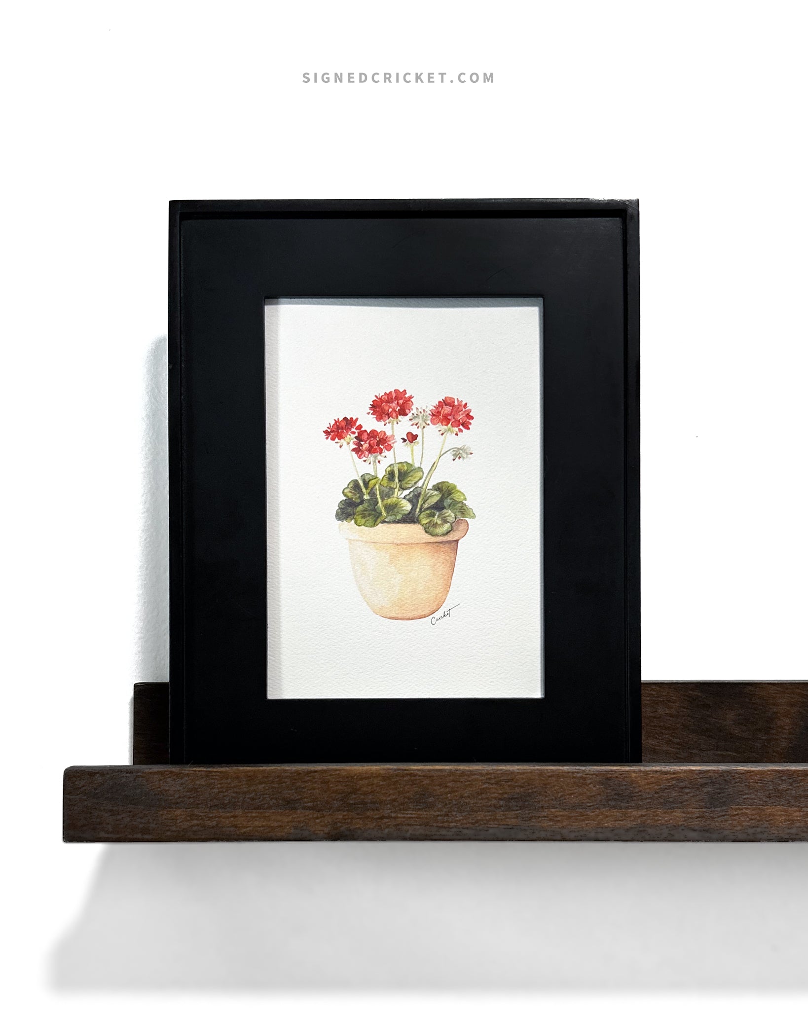 Greeting card featuring a watercolor illustration with a light orange red clay pot with bright red geraniums and dark green leaves against a white background. Card is framed inside a black minimalistic picture frame sitting upright on a dark brown floating shelf against a plain white wall