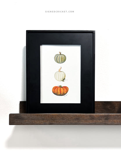 Greeting card with watercolor illustration of 3 realistic looking pumpkins (one green and yellow, one white, and one dark green and orange). The card is framed inside a black minimalistic picture frame sitting on a dark brown wooden shelf against a plain white wall.